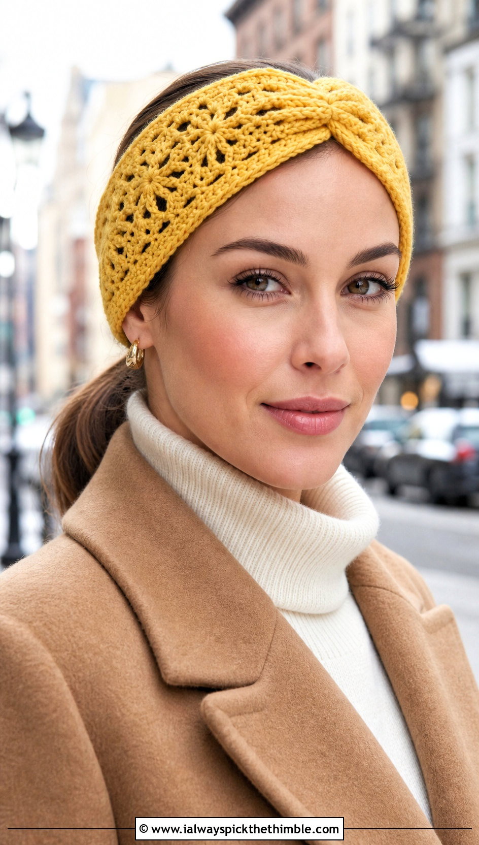 Twisted Crochet Snowflake Headband With Wool Coat - 20 Crochet Snowflake Headband outfit ideas