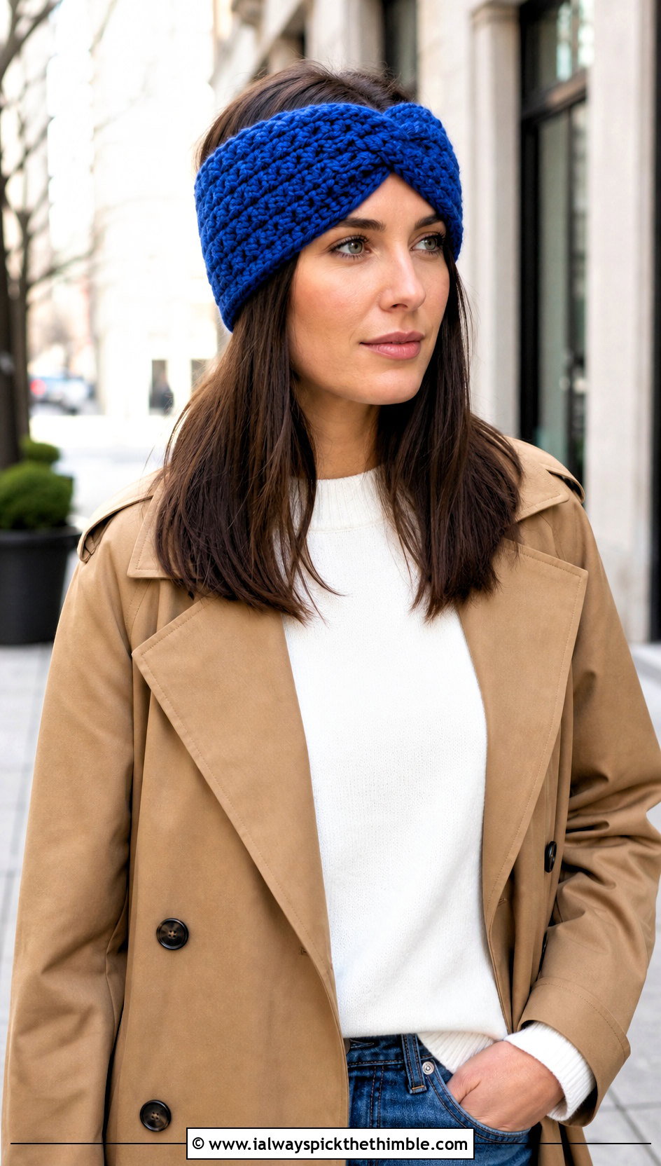 Twisted Crochet Star Stitch Ear Warmer With Trench Coat And Jeans - 15 Crochet Star Stitch Ear Warmer outfit ideas