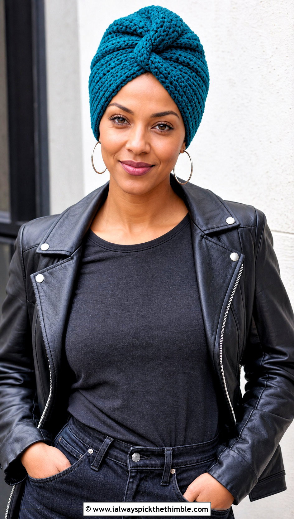 Twisted Crochet Turban With Leather Jacket And Wide Leg Jeans - 15 crochet head wraps outfit ideas