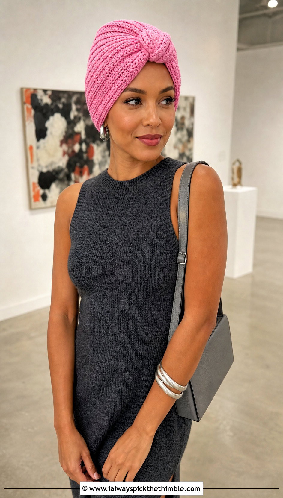 Twisted Crochet Turban Wrap With Knit Dress - 20 crochet hair wraps outfit ideas