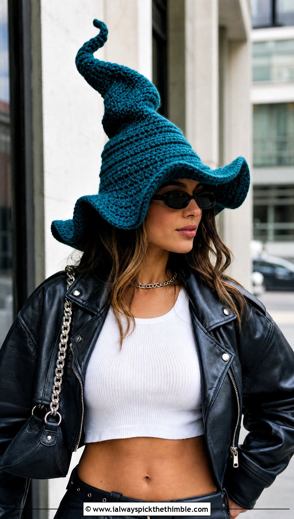 Twisted Crochet Witch Hat With Leather Jacket - 15 Witch's Crochet Hat outfit ideas