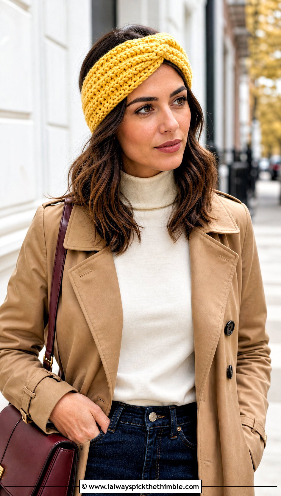 Twisted Front Cable Crochet Headband With Trench Coat And Jeans - 15 cable crochet headband outfit ideas