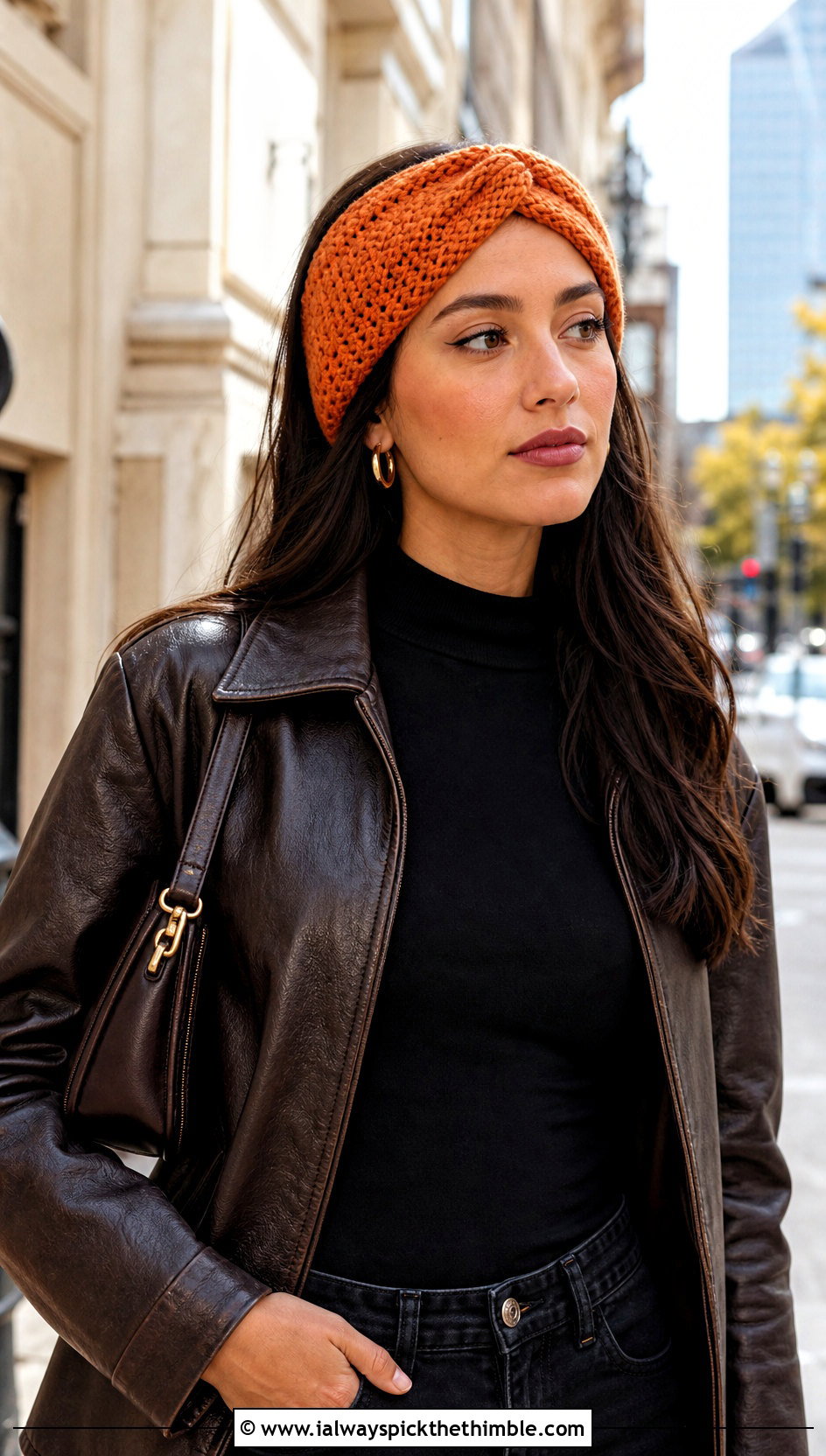 Twisted Front Crochet Adjustable Headband With Leather Jacket - 20 Crochet Adjustable Headband outfit ideas