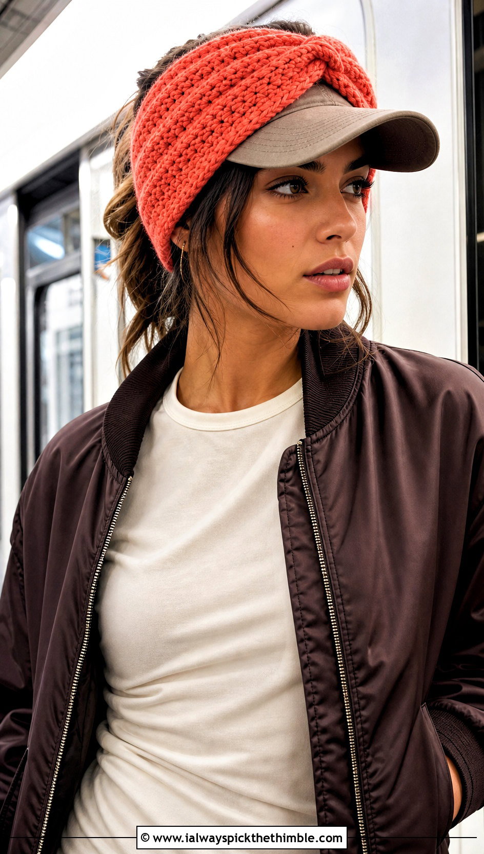 Twisted Front Crochet Baseball Cap Ear Warmer With Bomber Jacket - 20 crochet baseball cap ear warmer outfit ideas