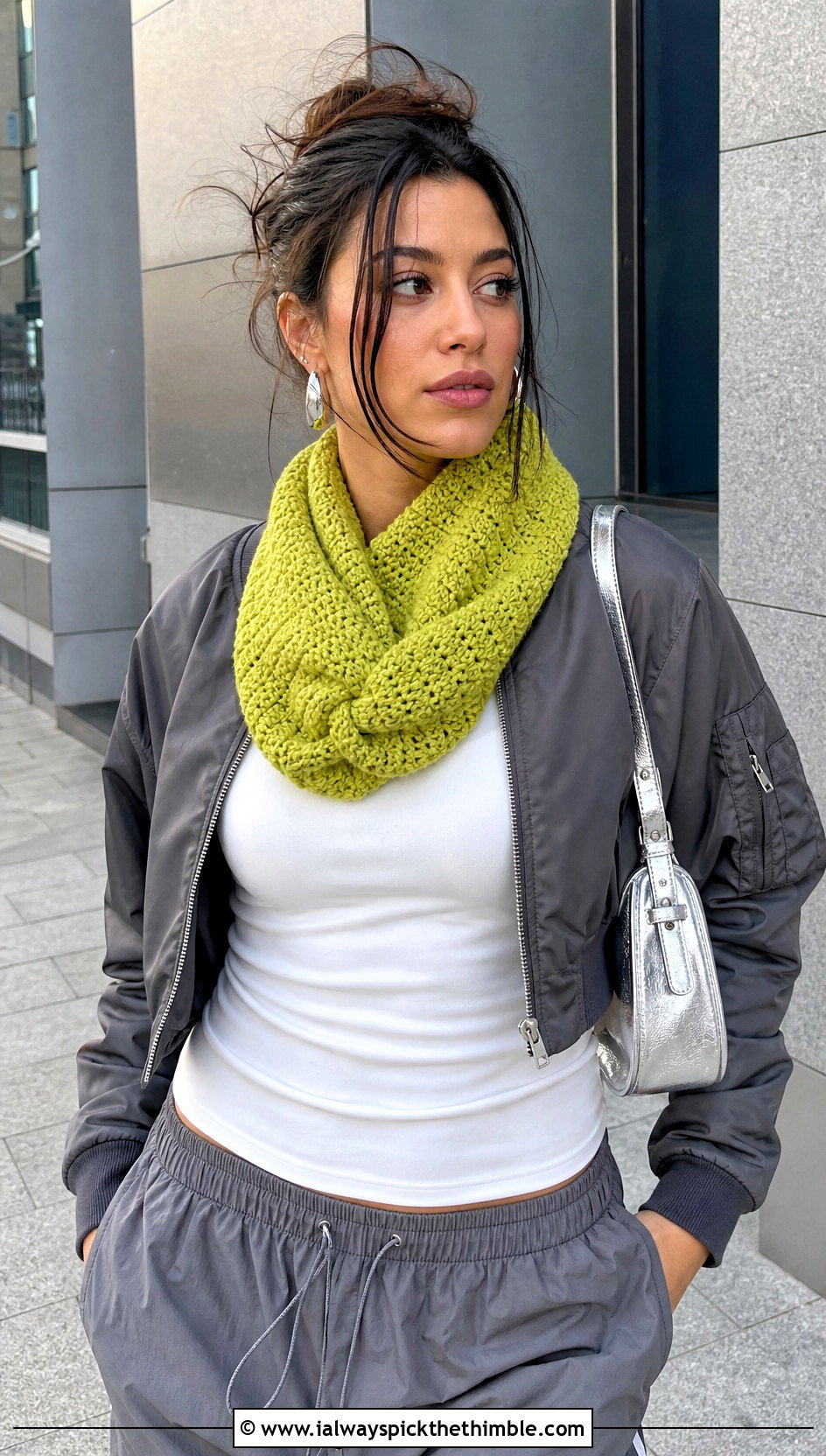 Twisted Front Crochet Snood Cowl With Bomber Jacket - 20 crochet snood cowl outfit ideas