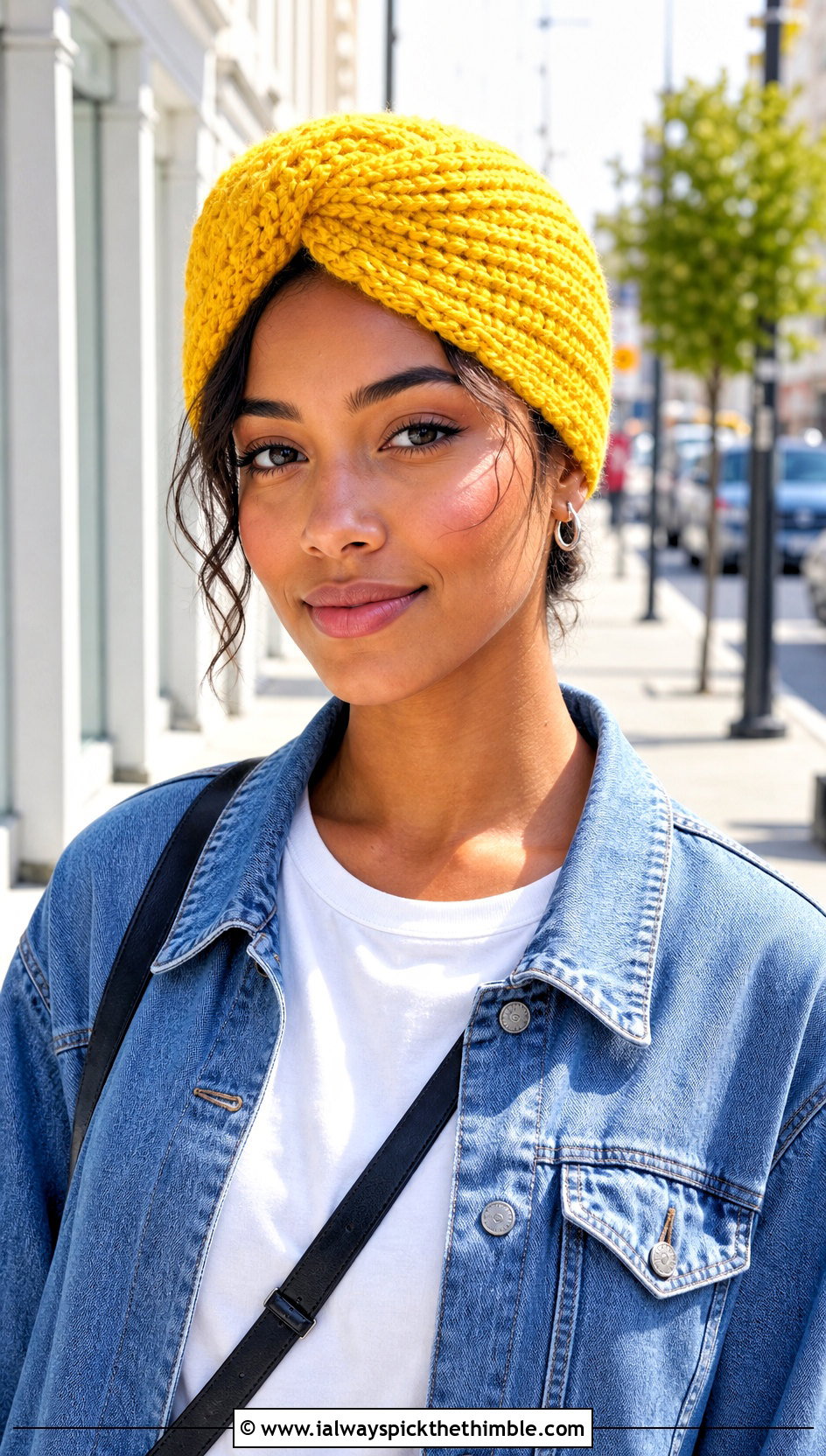 Twisted Front Crochet Turban Hat With Jeans And Sneakers - 25 crochet turban hat outfit ideas