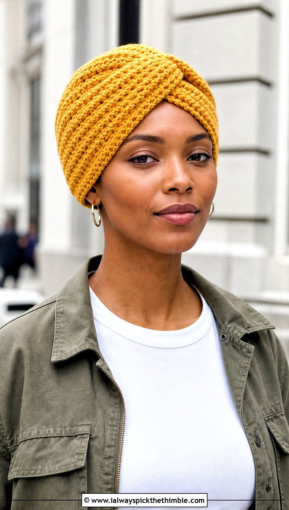 Twisted Front Crochet Turban Hat With Jeans And Sneakers - 15 crochet turban style hat outfit ideas