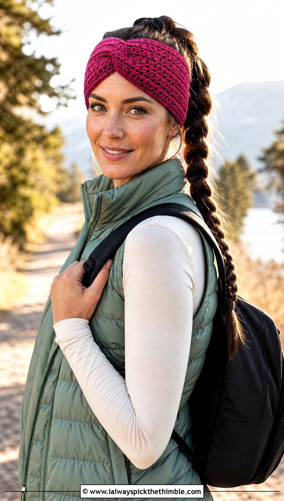 Twisted Front Lace Crochet Headband With Puffer Vest And Leggings - 20 lace crochet headband outfit ideas