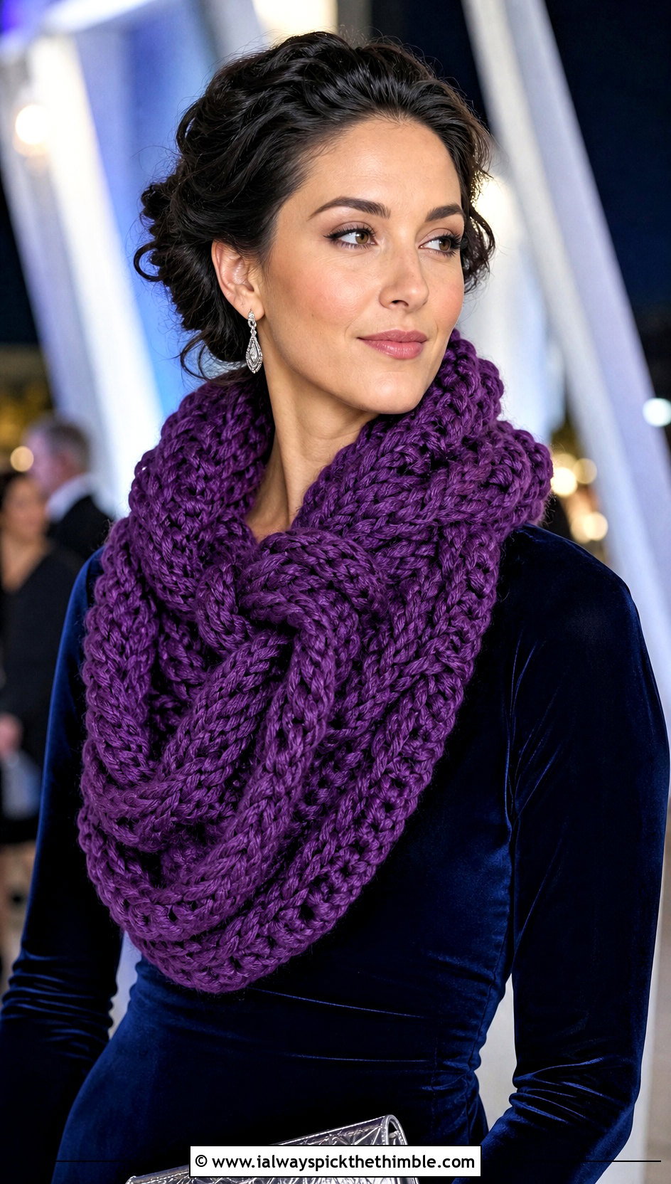 Twisted Loop Super Chunky Crochet Scarf With Evening Dress - 20 Super Chunky Crochet Scarf outfit ideas