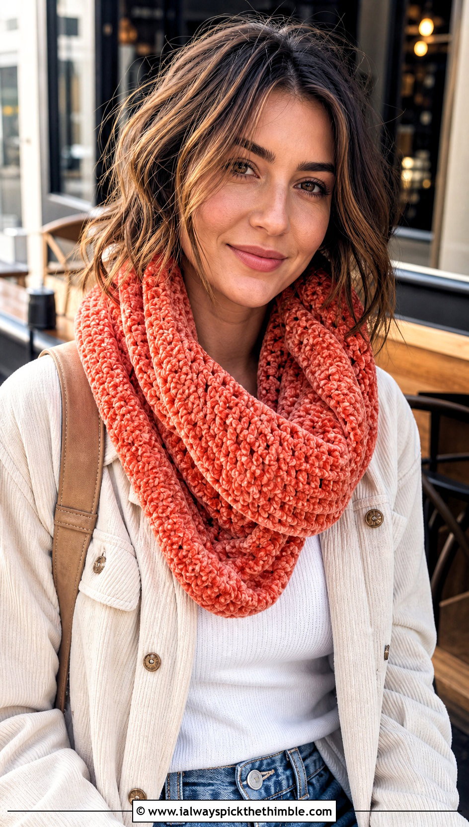 Twisted Loop Velvet Crochet Scarf With Shacket - 20 Velvet Crochet Scarf outfit ideas