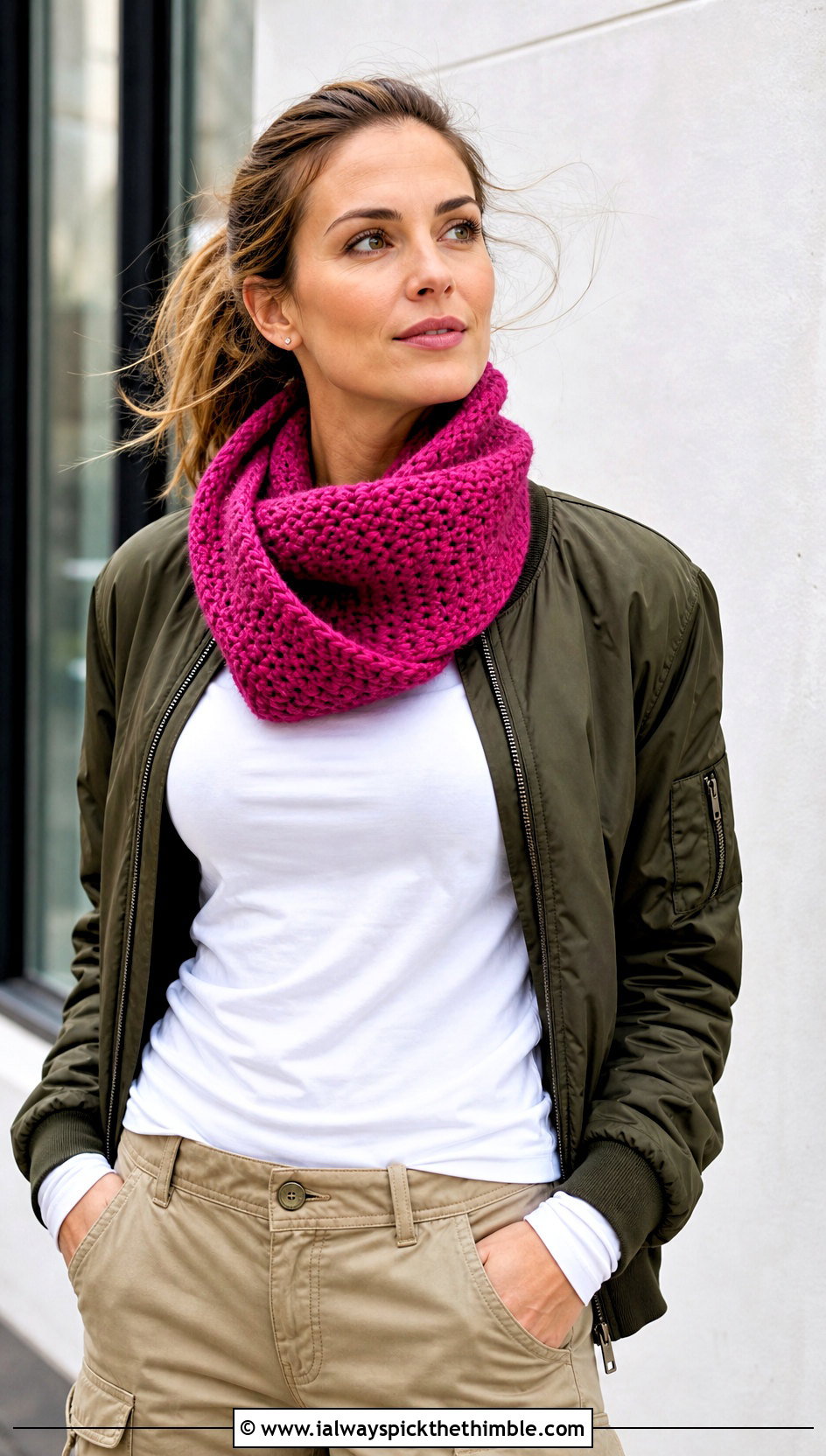 Twisted Mbius Crochet Cowl With Bomber Jacket - 25 crochet cowl outfit ideas