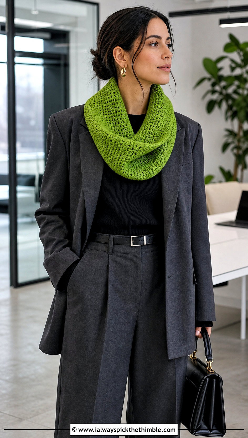 Twisted Mbius Crochet Snood Scarf With Blazer - 20 crochet snood scarf outfit ideas
