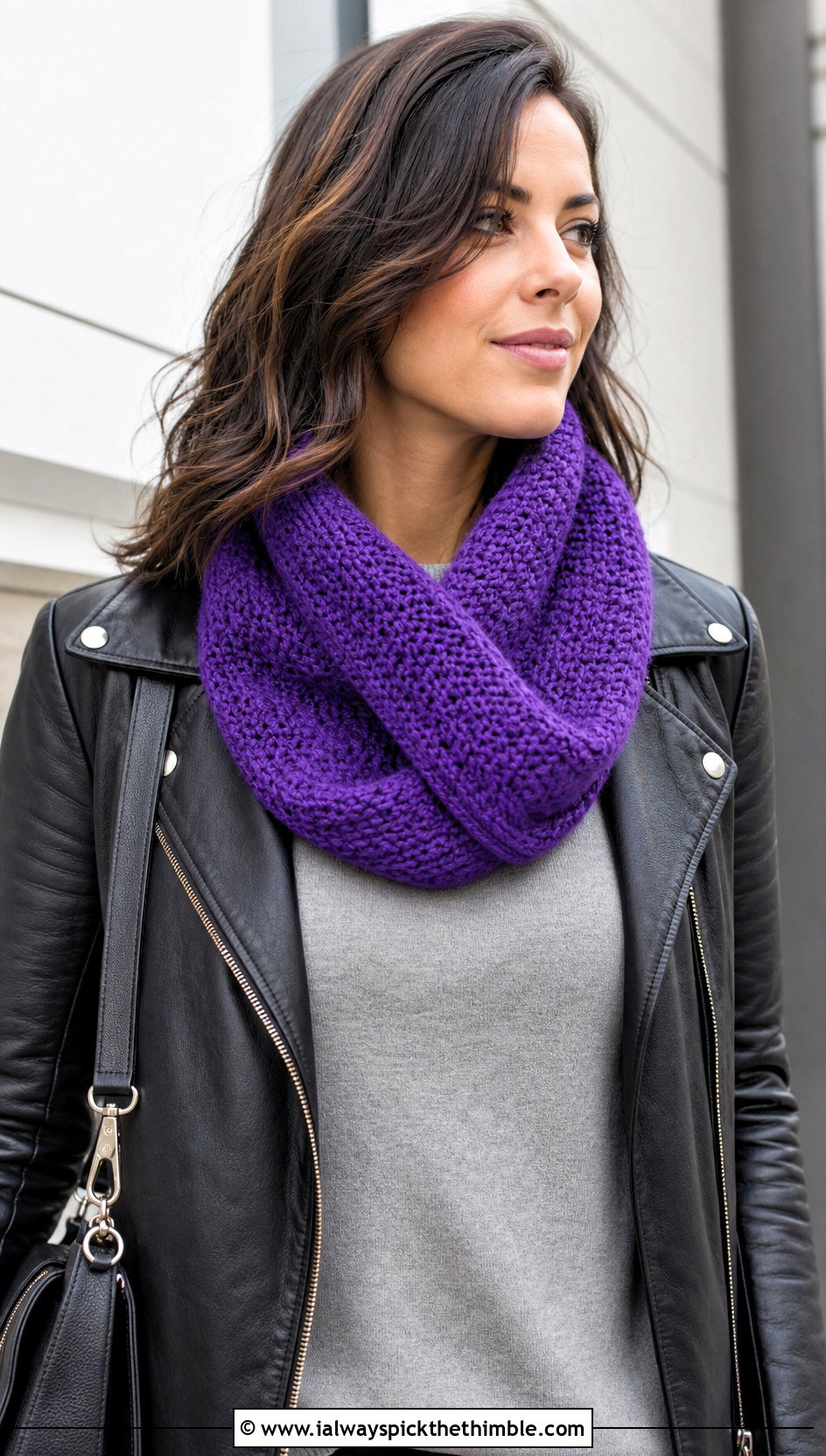Twisted Mobius Crochet Cowl With Leather Jacket - 20 Bulky Crochet Cowl outfit ideas