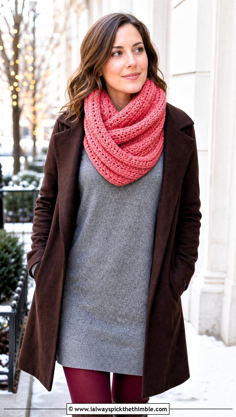 Twisted Pink Crochet Cowl With Sweater Dress - 15 pink crochet cowl outfit ideas