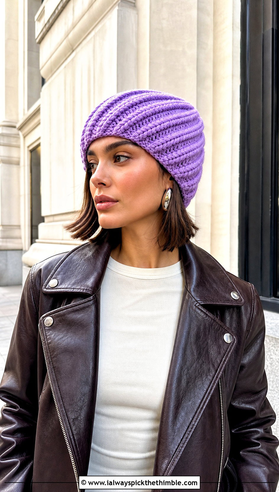 Twisted Rib Crochet Beanie With Moto Jacket - 25 ribbed crochet hat outfit ideas