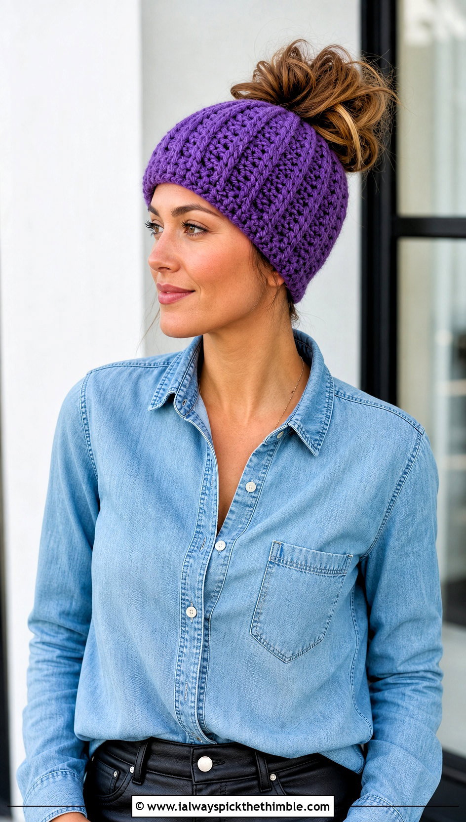 Twisted Rib Messy Bun Crochet Hat With Leather Pants - 20 messy bun crochet hat with hair tie outfit ideas