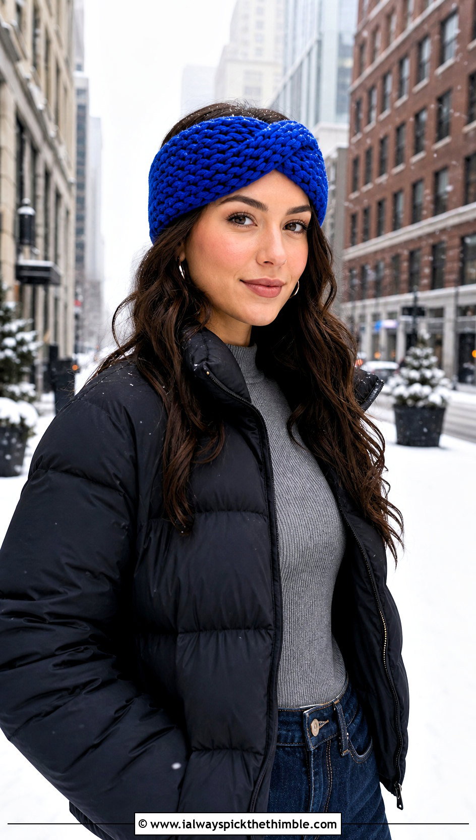 Twisted Ribbed Bulky Crochet Ear Warmer With Puffer Jacket - 20 Bulky Crochet Ear Warmer outfit ideas