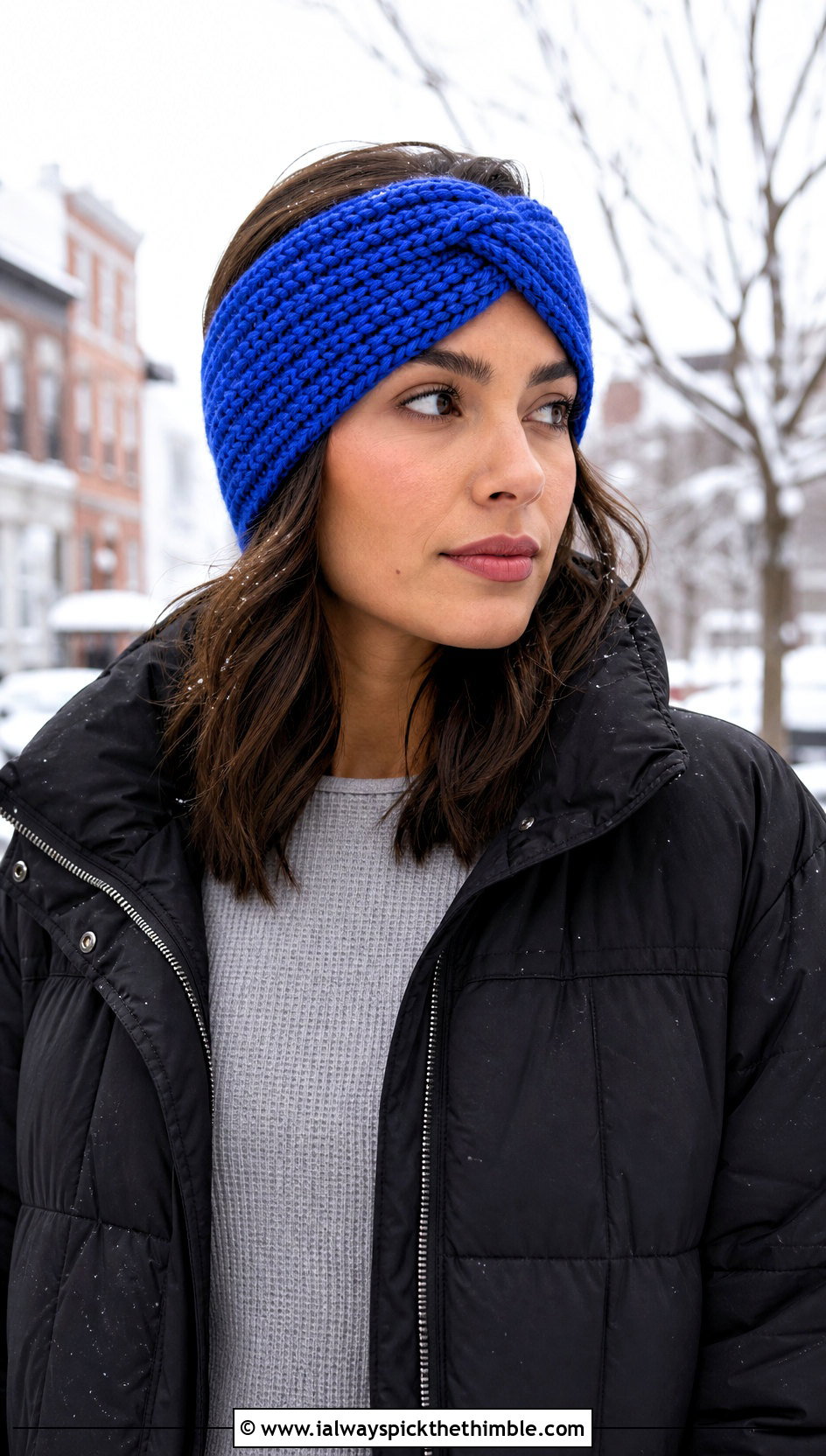 Twisted Ribbed Chunky Yarn Crochet Ear Warmer With Puffer Coat - 20 chunky yarn crochet ear warmer outfit ideas