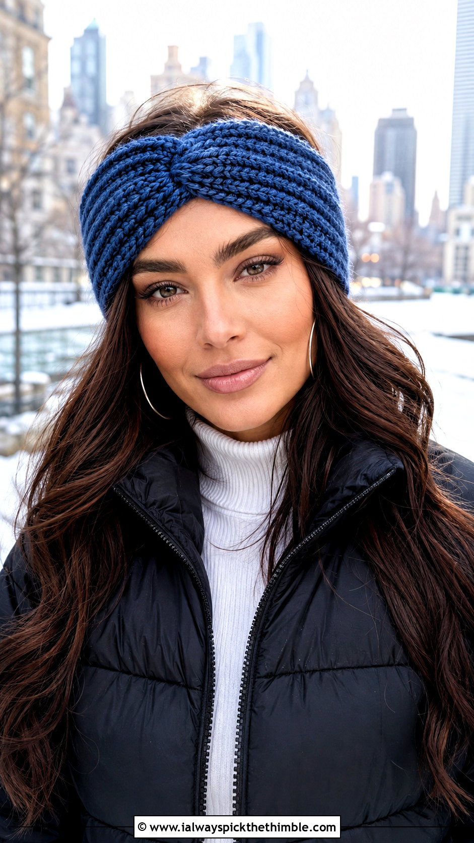 Twisted Ribbed Crochet Headband With Puffer Jacket - 25 crochet winter headband outfit ideas