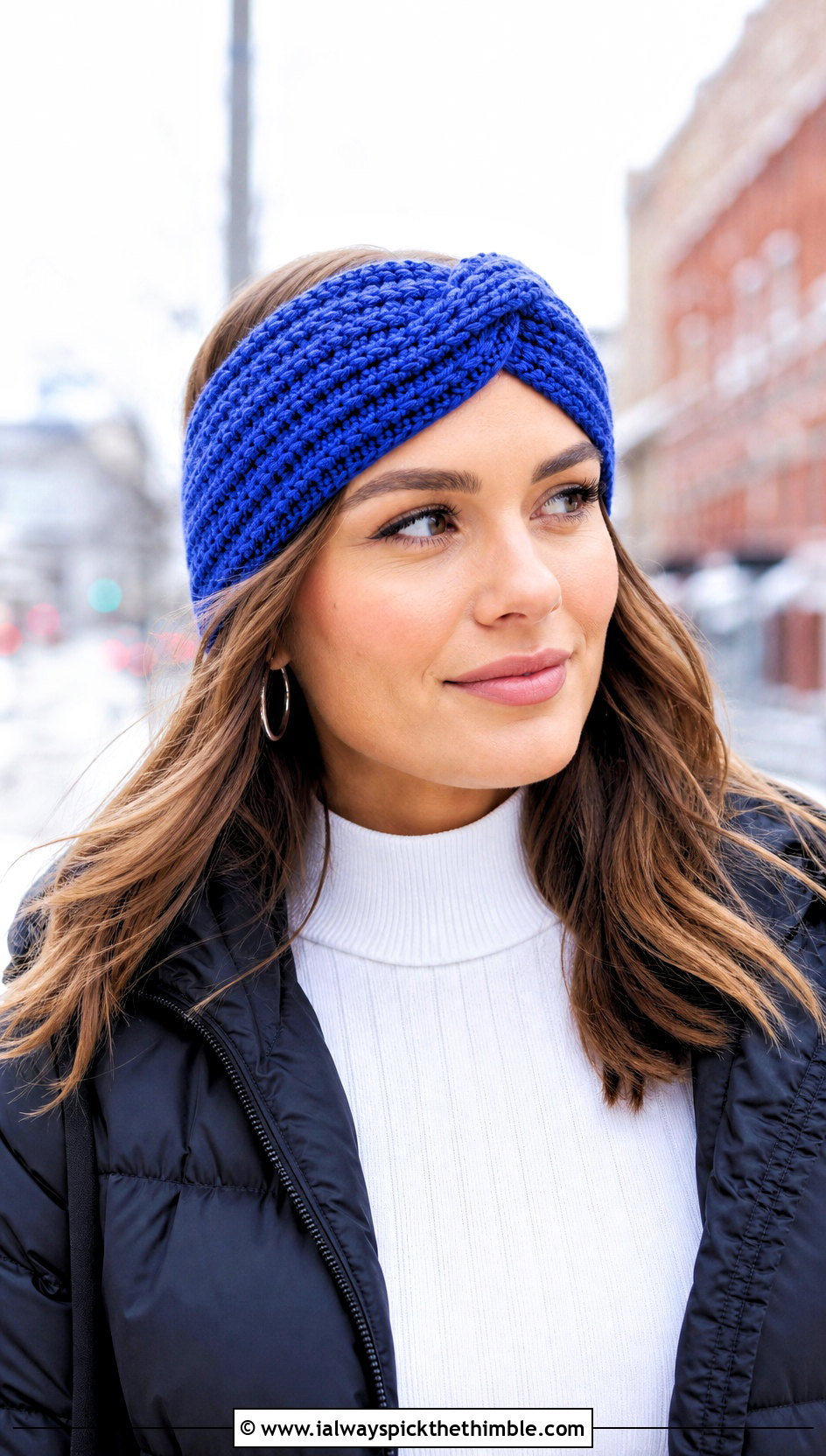Twisted Ribbed Crochet Headband With Puffer Jacket - 25 winter crochet headband outfit ideas