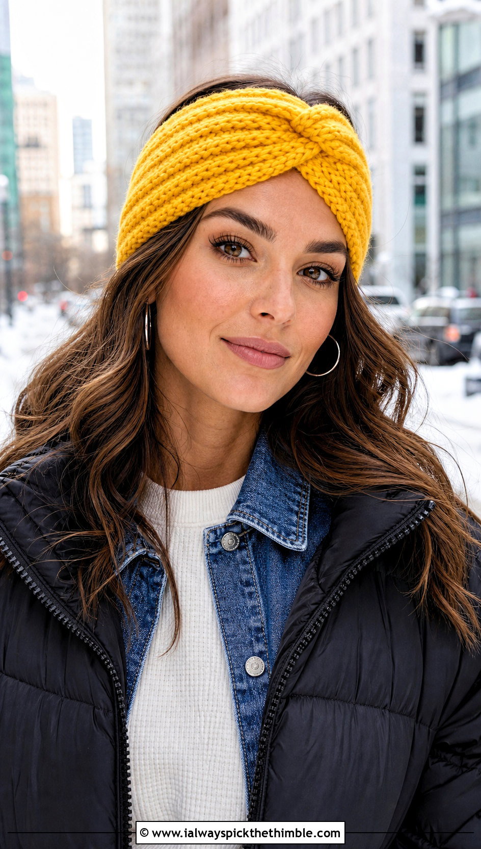 Twisted Ribbed Crochet Headband With Puffer Jacket - 20 Easy Crochet Winter Headband outfit ideas