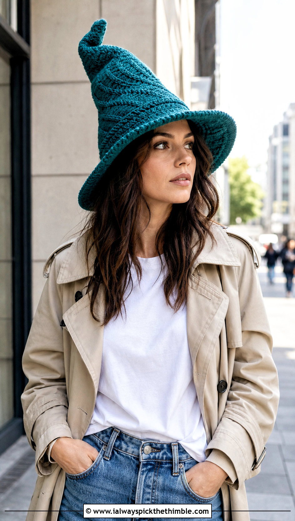 Twisted Tip Crochet Witch Hat With Jeans And Trench Coat - 25 crochet witch hat outfit ideas
