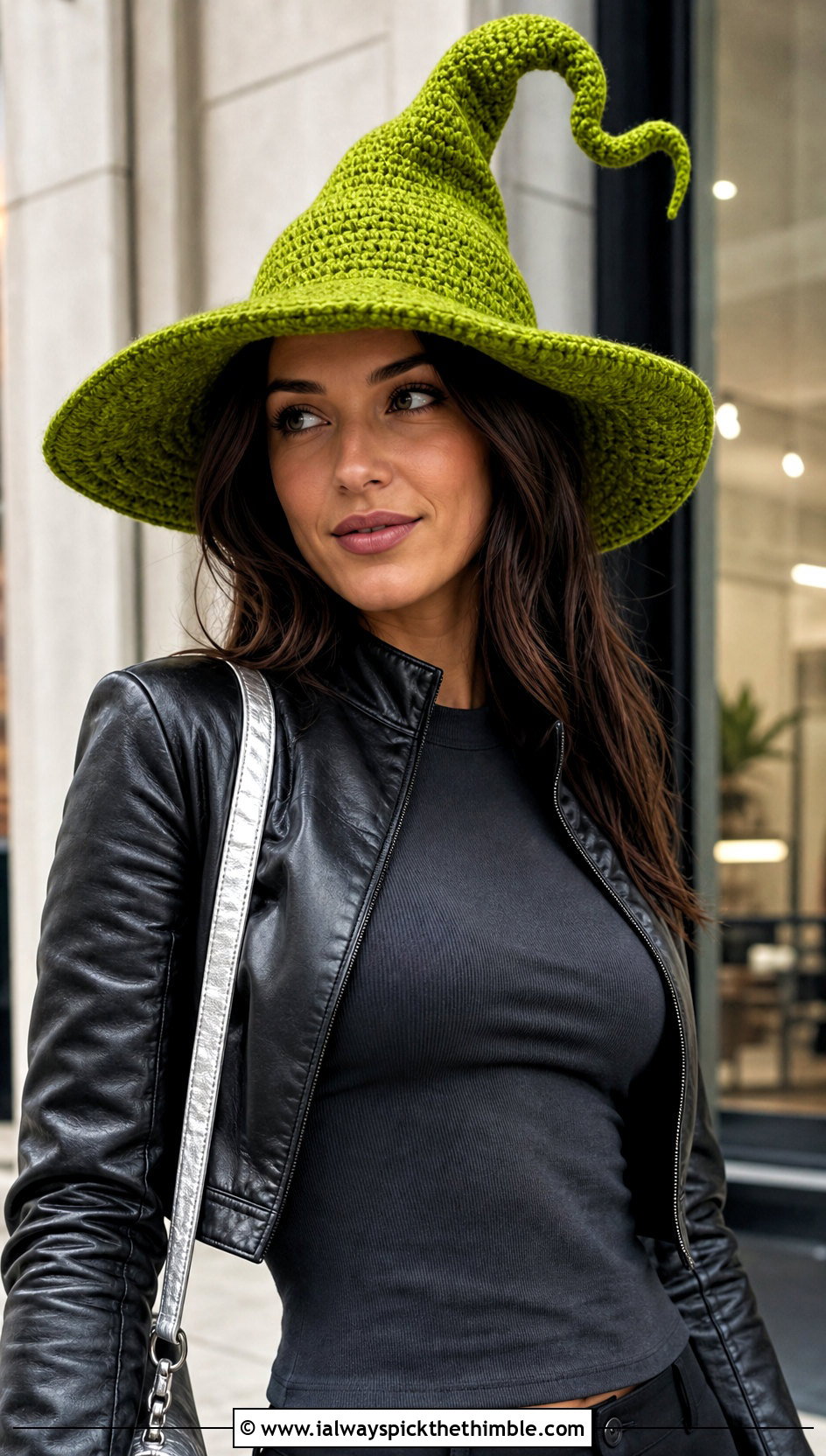 Twisted Tip Crochet Witch Hat With Leather Jacket - 25 crochet witches hat outfit ideas