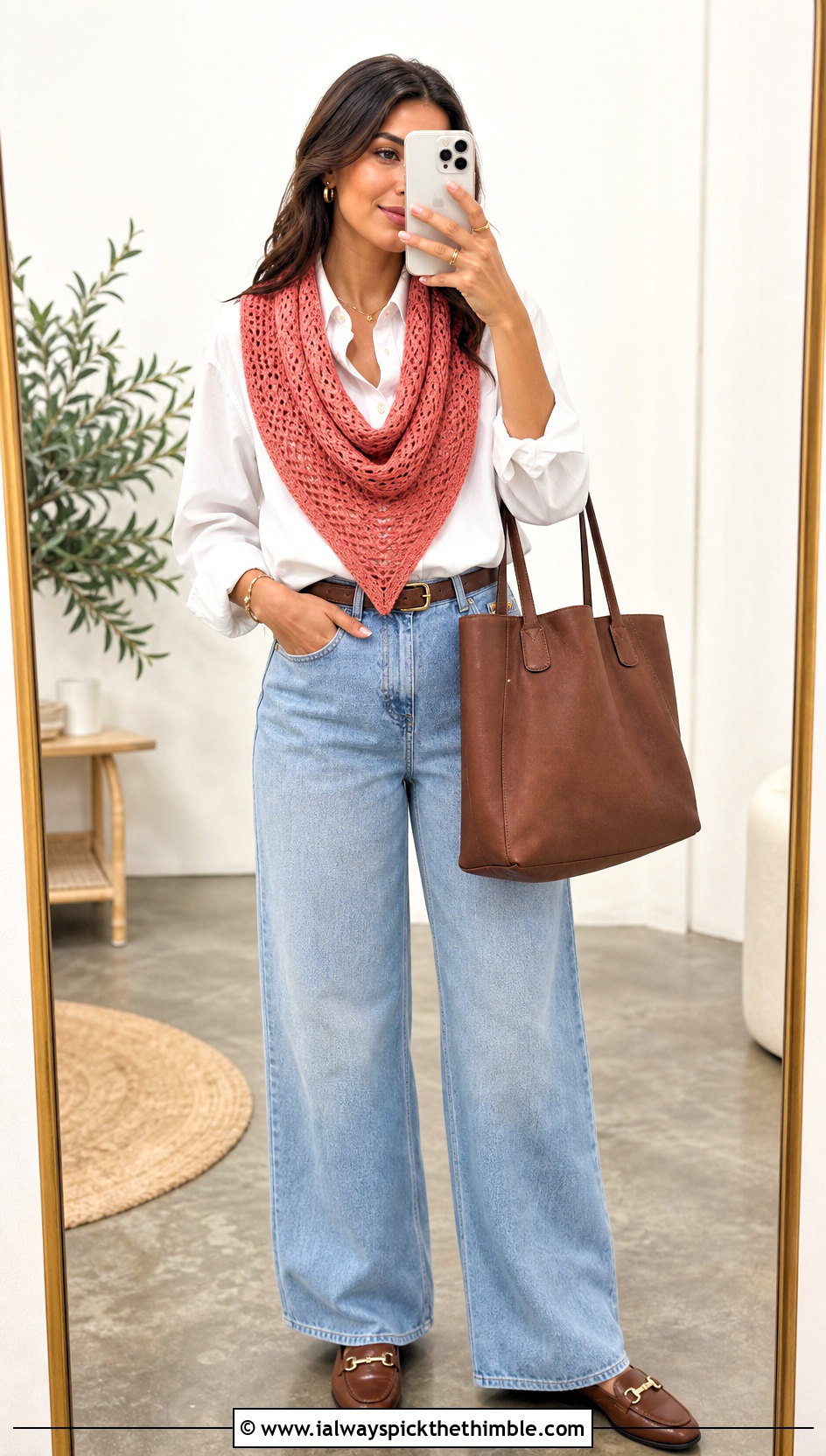 Twisted Triangle Cowl With White Shirt And Jeans - 20 crochet triangle cowl outfit ideas