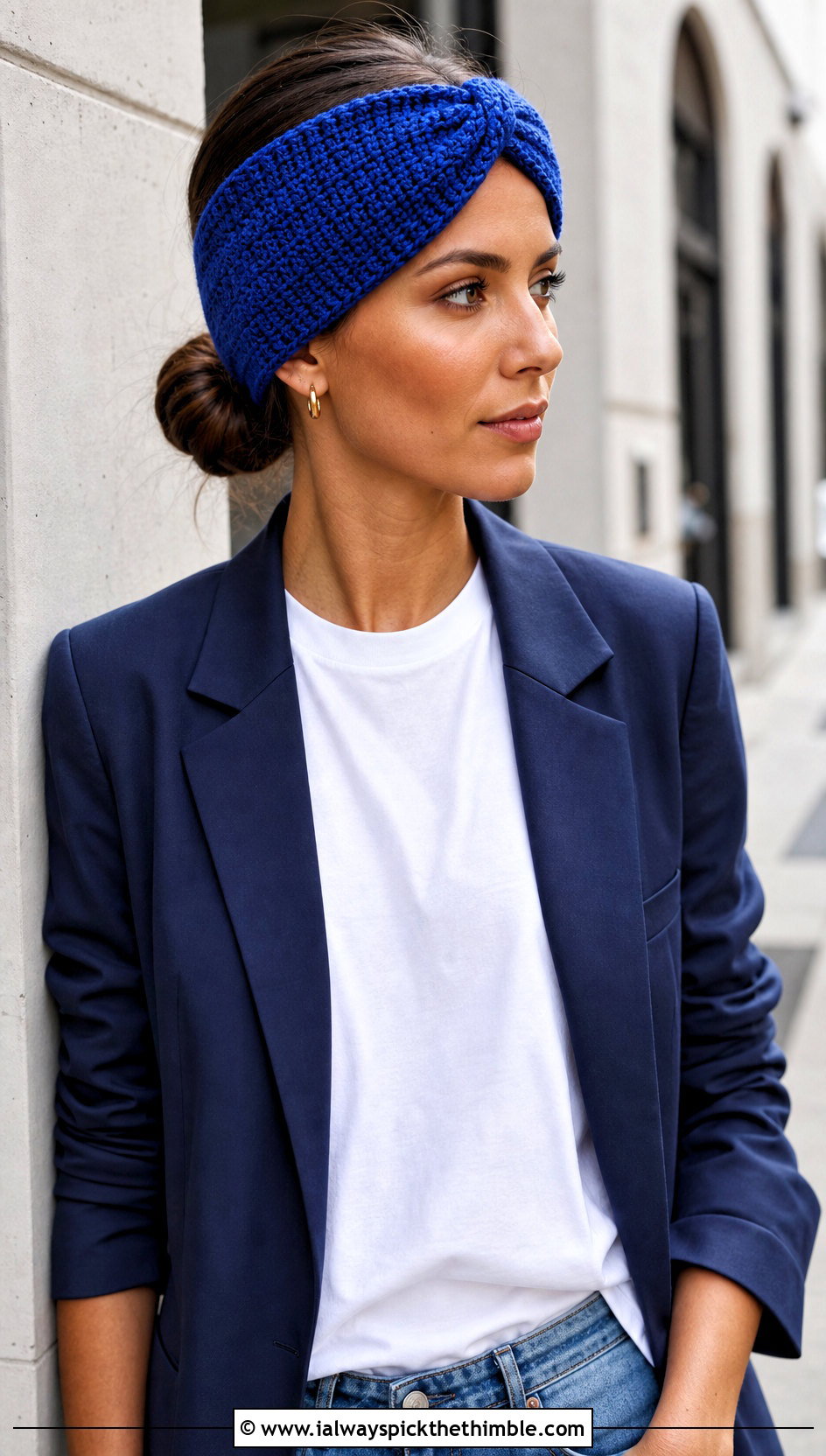 Twisted Turban Crochet Headband With Blazer And Jeans - 25 crochet headbands outfit ideas