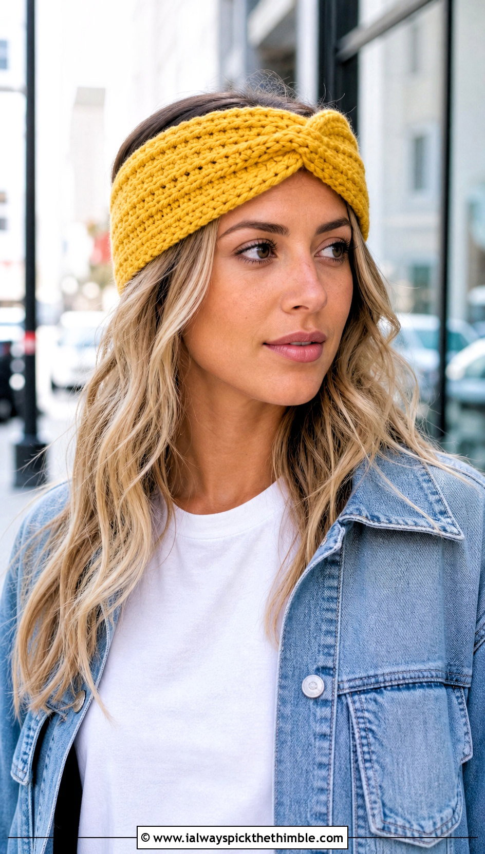 Twisted Turban Crochet Headband With T Shirt And Jeans - 20 crochet hair headband outfit ideas