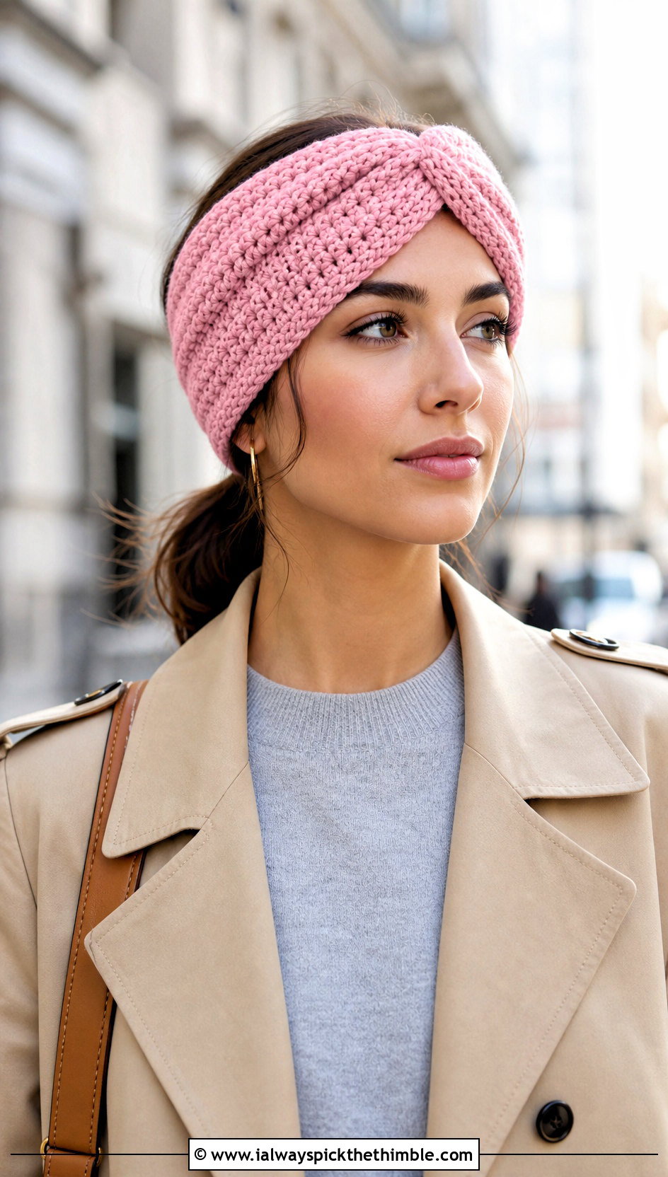 Twisted Turban Elastic Crochet Headband With Trench Coat - 20 Crochet Headbands With Elastic outfit ideas