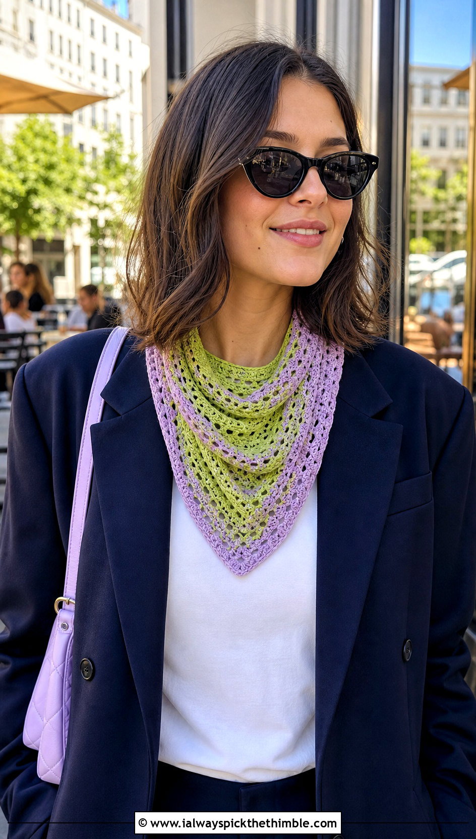 Two Color Bandana Crochet Scarf With Blazer And Jeans - 20 2 color crochet scarf outfit ideas