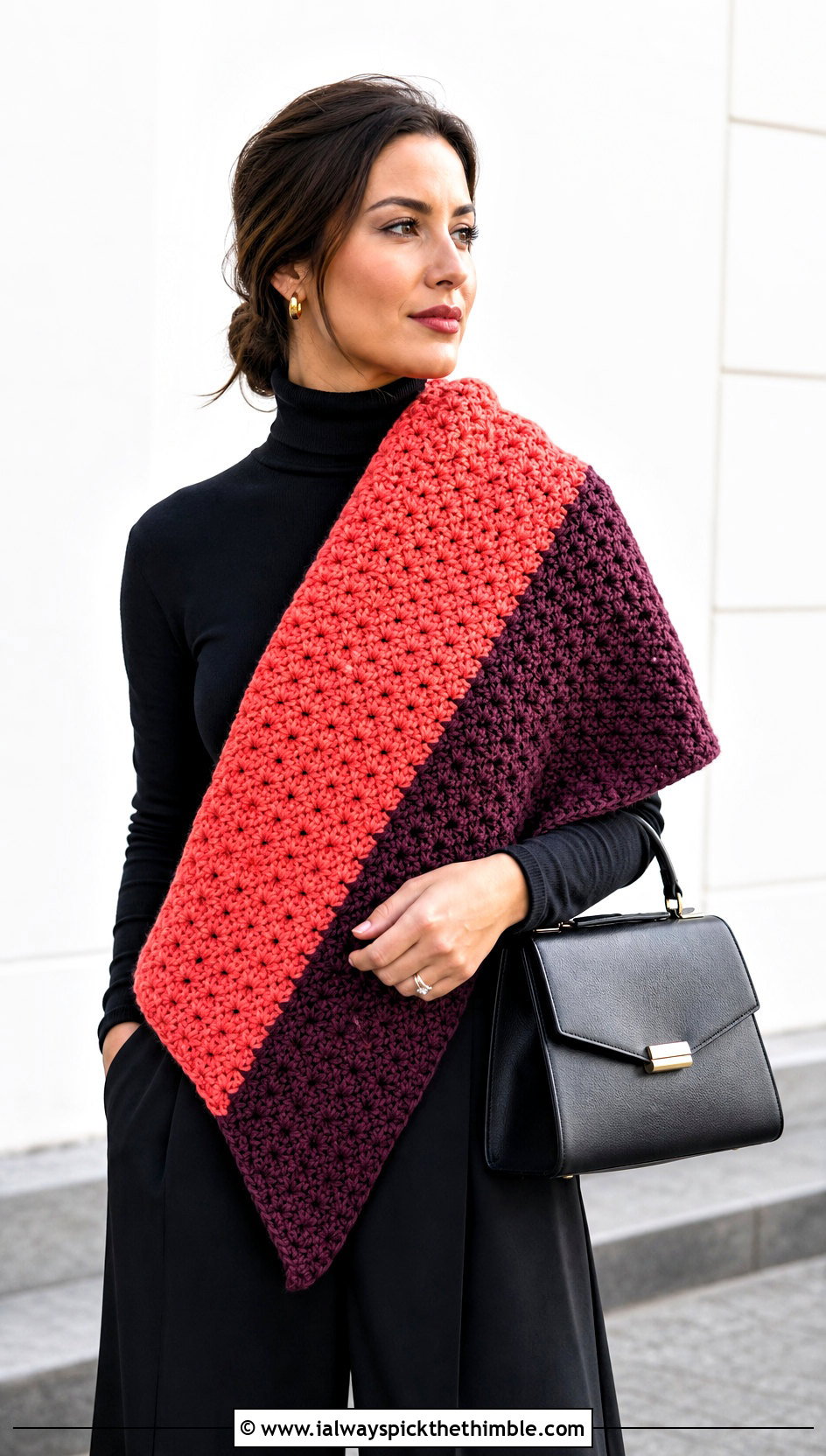 Two Color Blanket Crochet Scarf With Monochrome Outfit - 25 two color crochet scarf outfit ideas