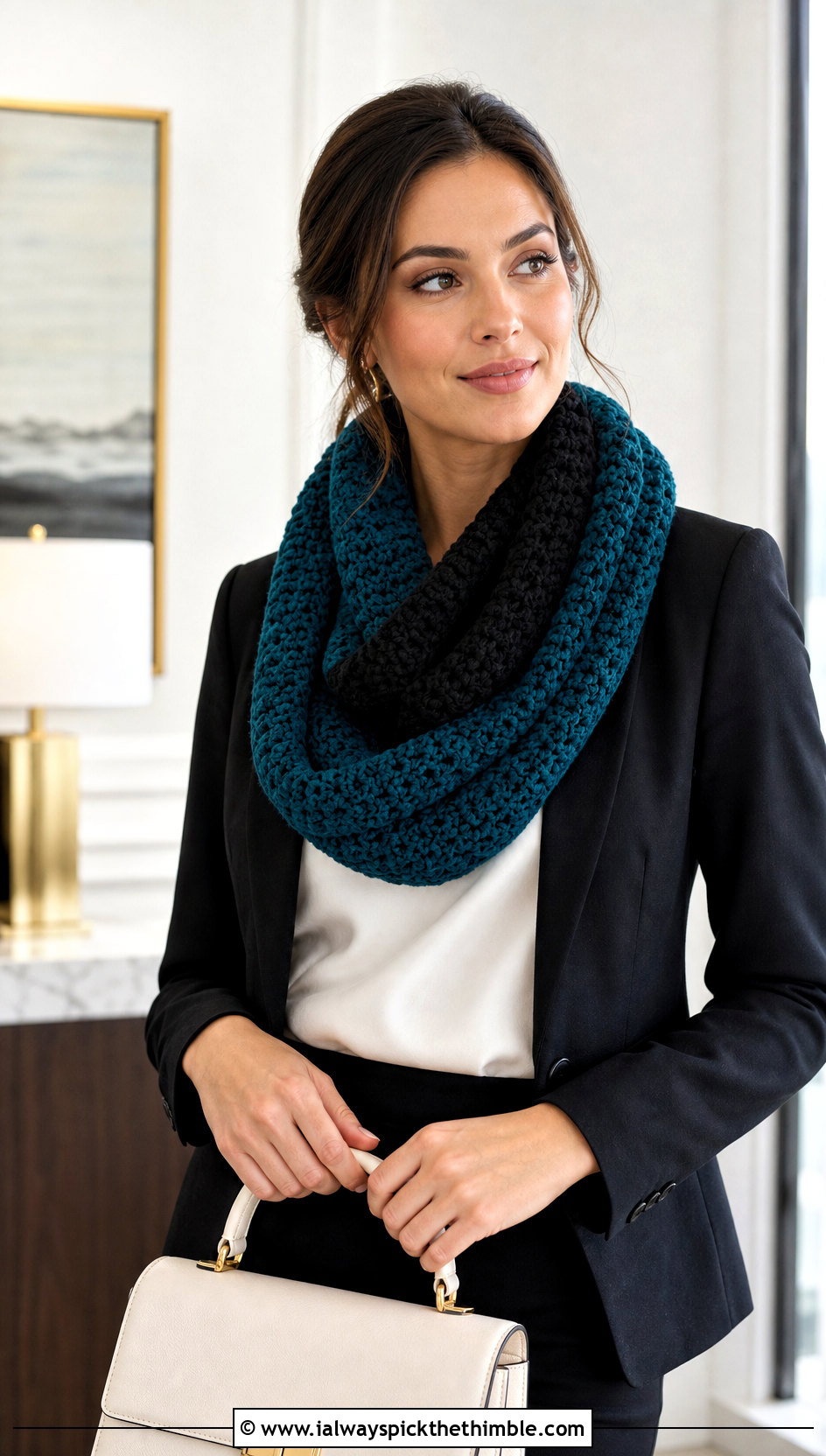 Two Color Block Infinity Crochet Scarf With Black Blazer - 25 two color crochet scarf outfit ideas