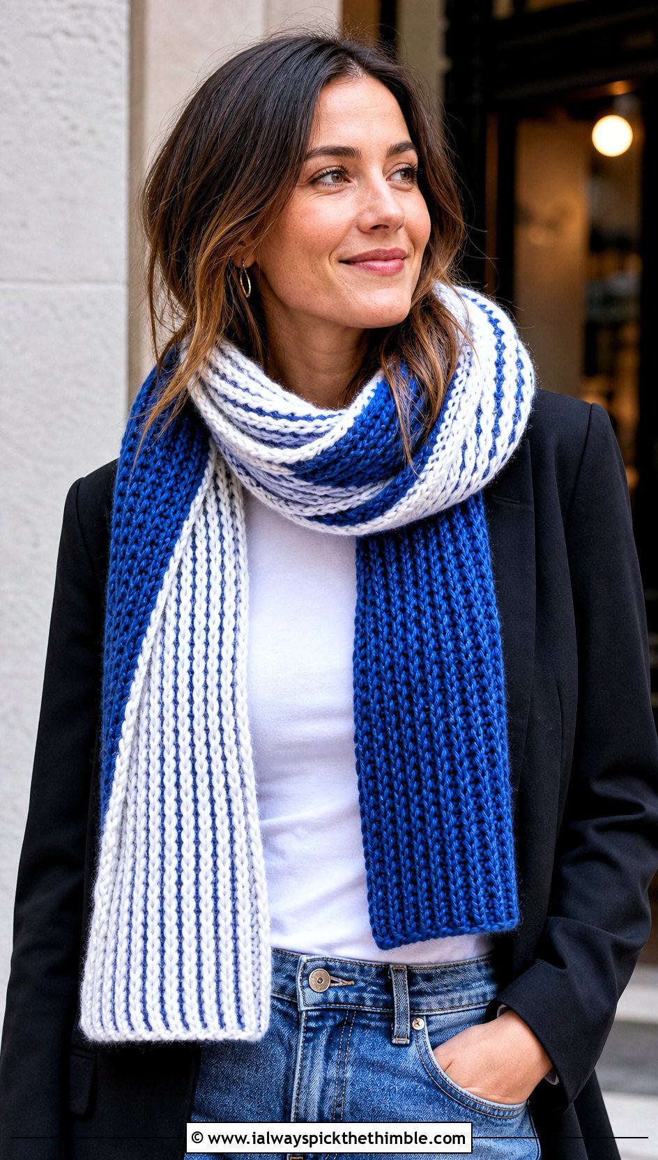 Two Color Brioche Crochet Scarf With Blazer And Jeans - 20 Brioche Crochet Scarf outfit ideas