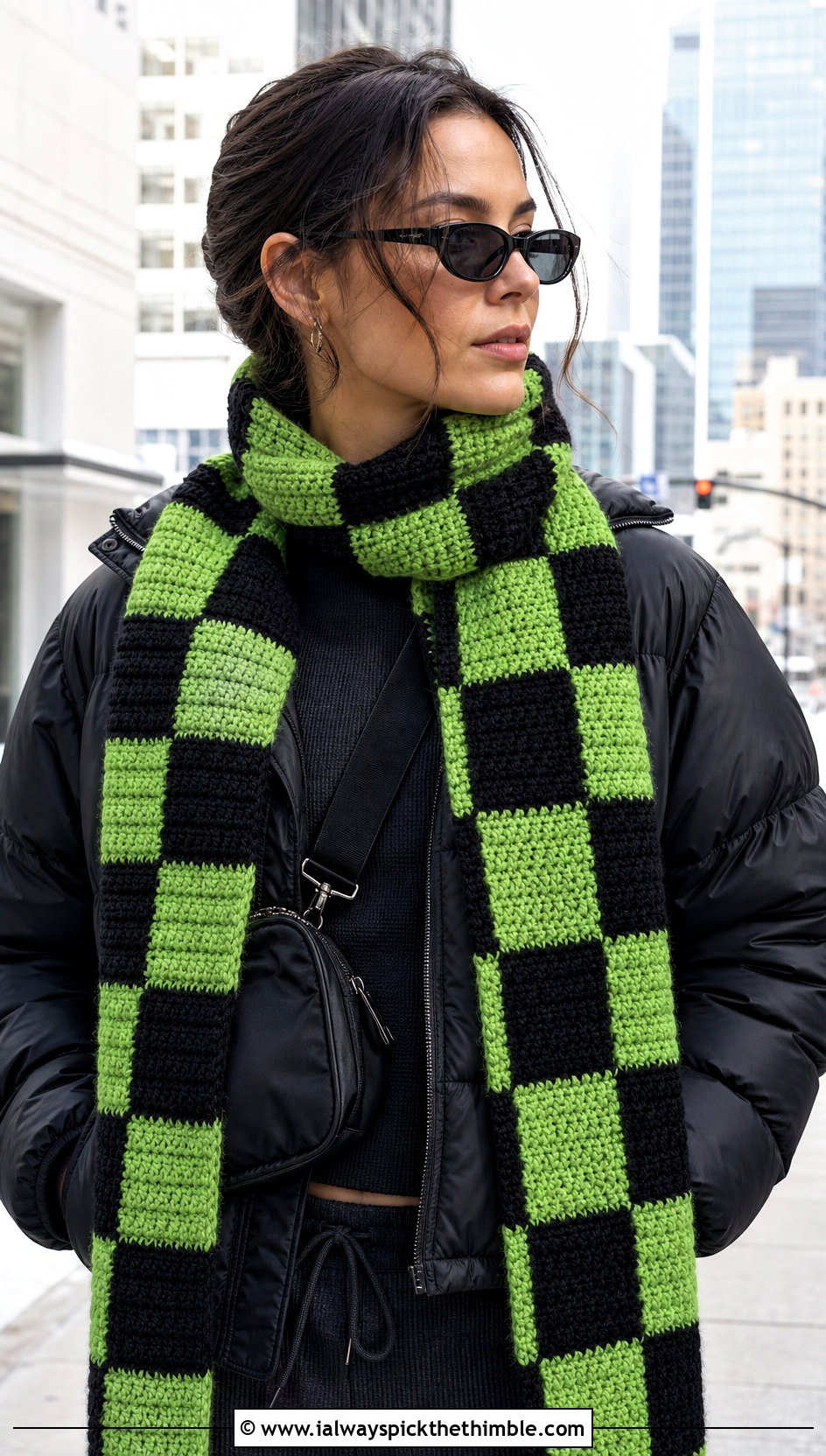 Two Color Checkerboard Crochet Scarf With Puffer Jacket - 25 two color crochet scarf outfit ideas
