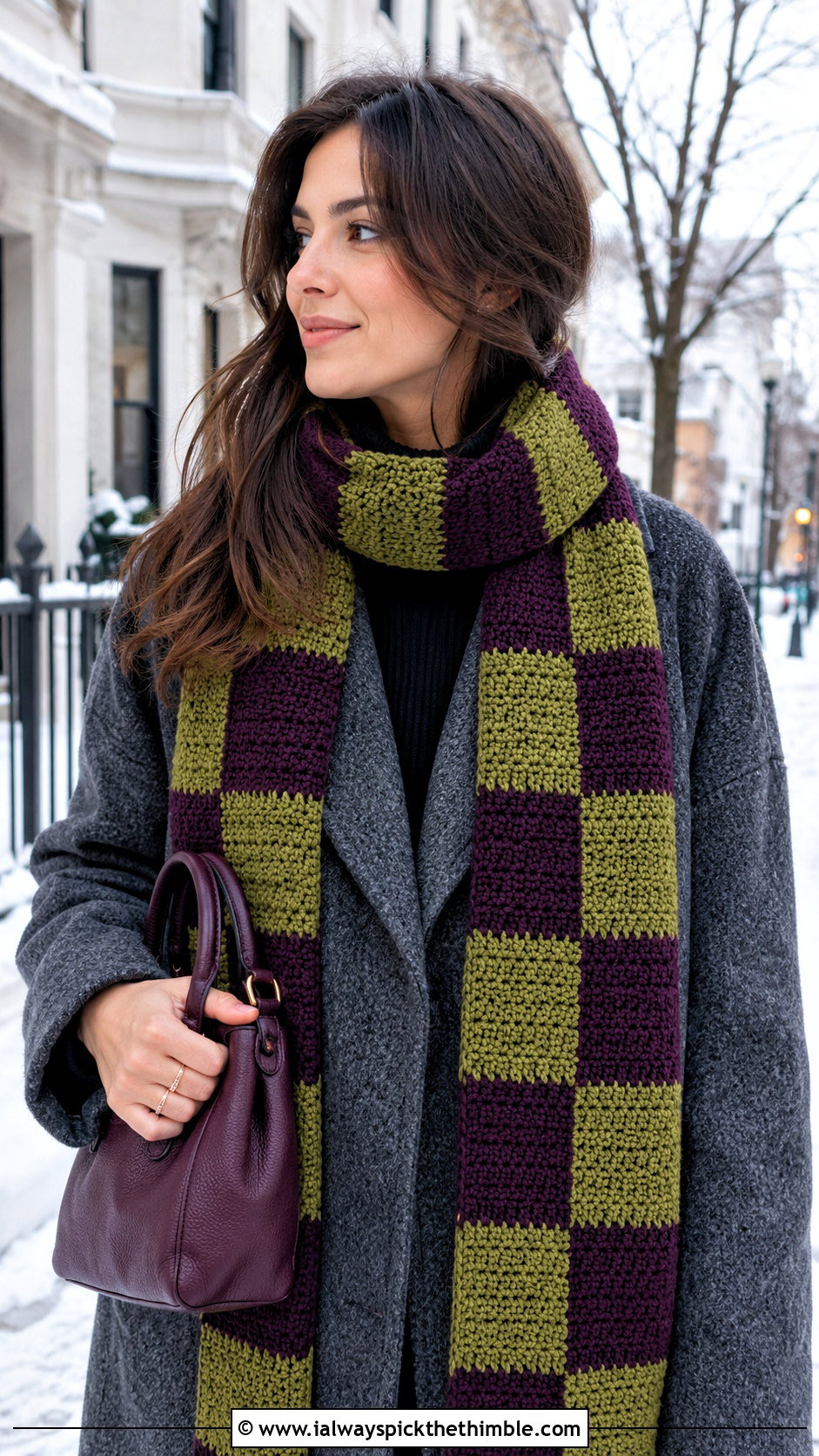 Two Color Checkerboard Crochet Scarf With Wool Coat - 20 2 color crochet scarf outfit ideas