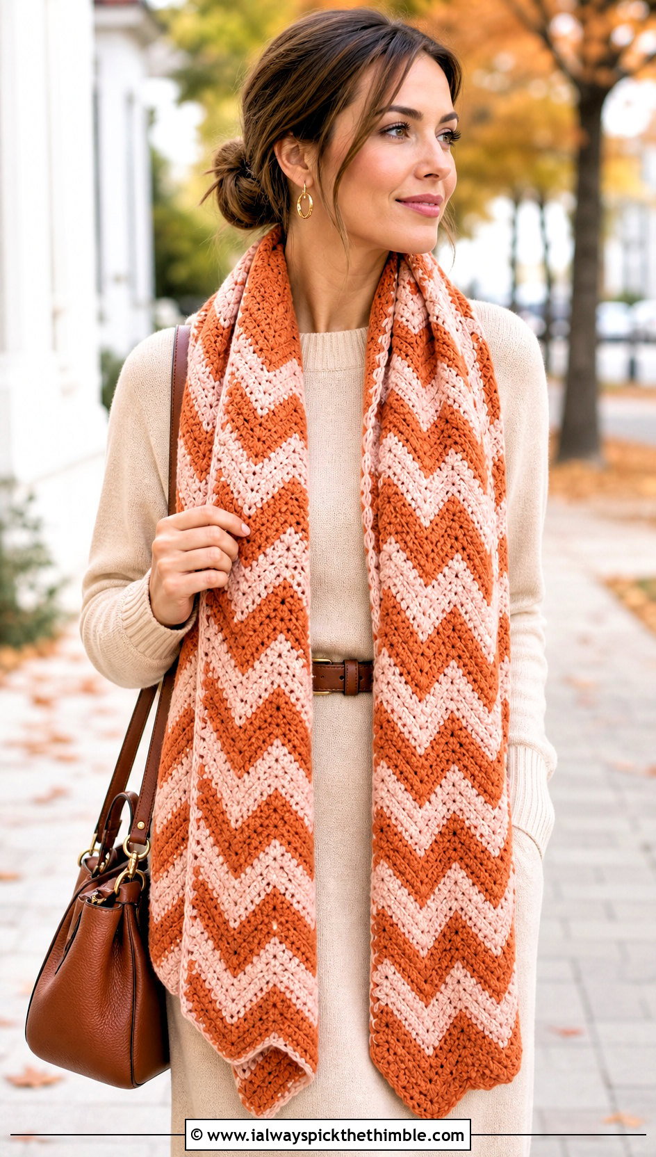 Two Color Chevron Crochet Scarf With Sweater Dress - 25 two color crochet scarf outfit ideas