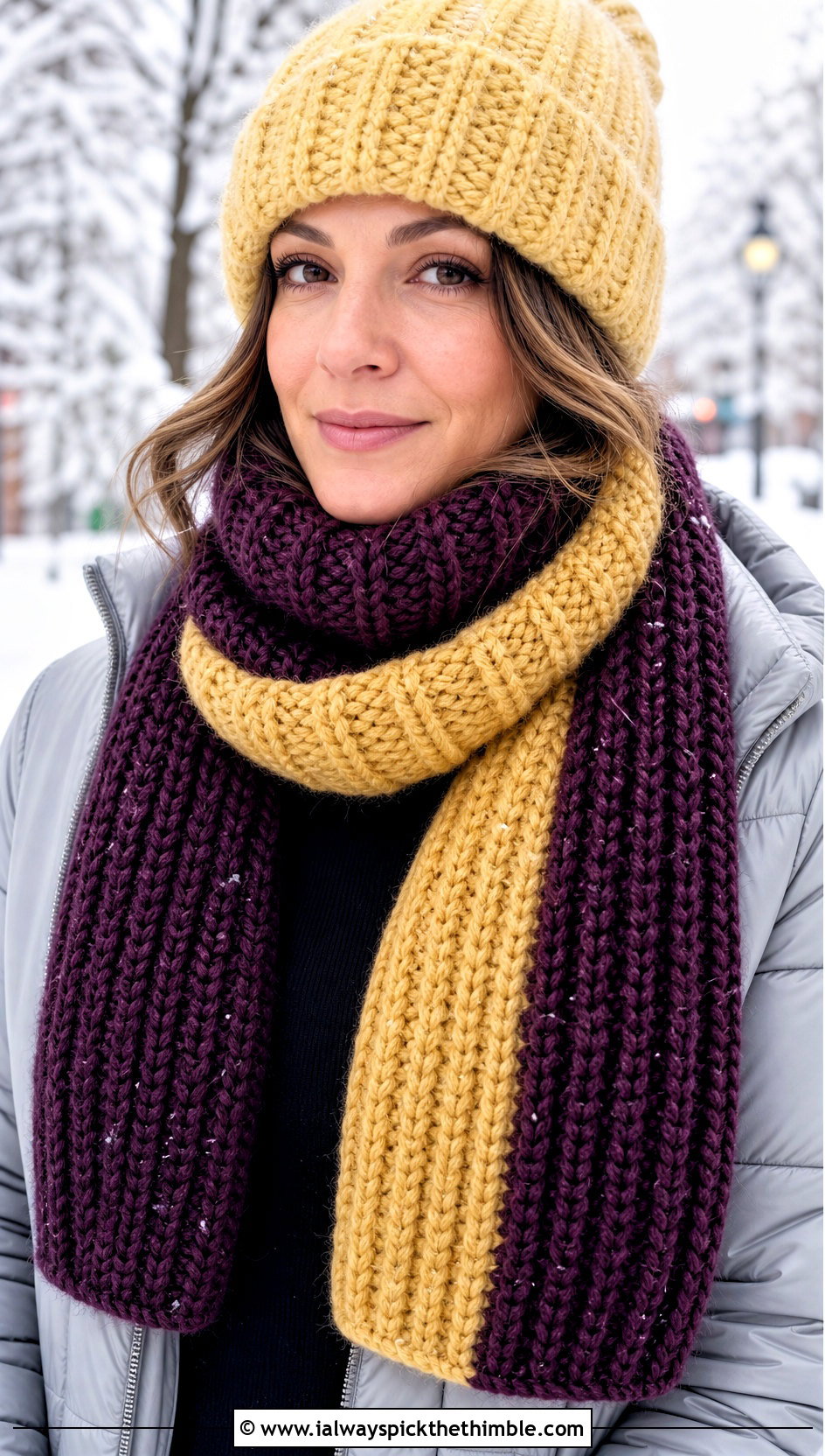 Two Color Chunky Ribbed Crochet Scarf With Puffer Coat - 20 2 color crochet scarf outfit ideas