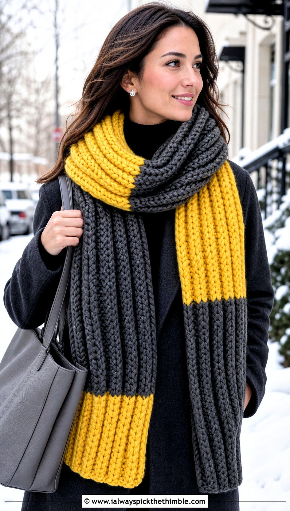 Two Color Chunky Ribbed Crochet Scarf With Wool Coat - 25 two color crochet scarf outfit ideas