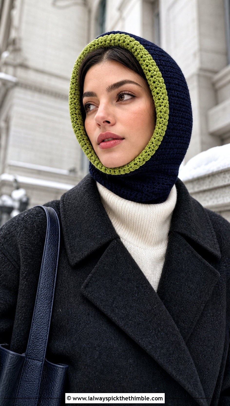 Two Color Crochet Balaclava With Wool Coat - 20 two color crochet hat outfit ideas