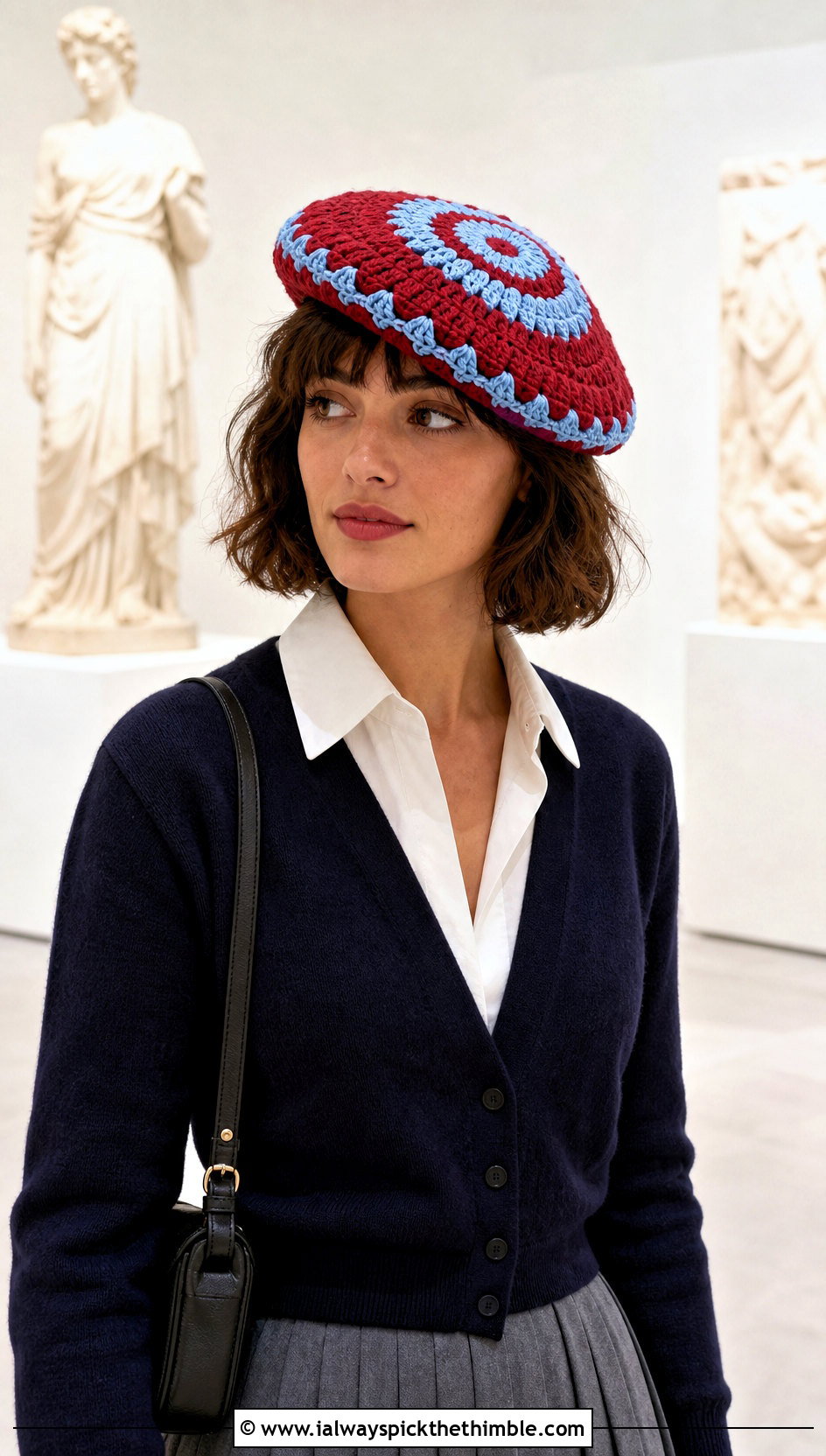 Two Color Crochet Beret With Pleated Skirt - 20 Two Colors Crochet Hat outfit ideas