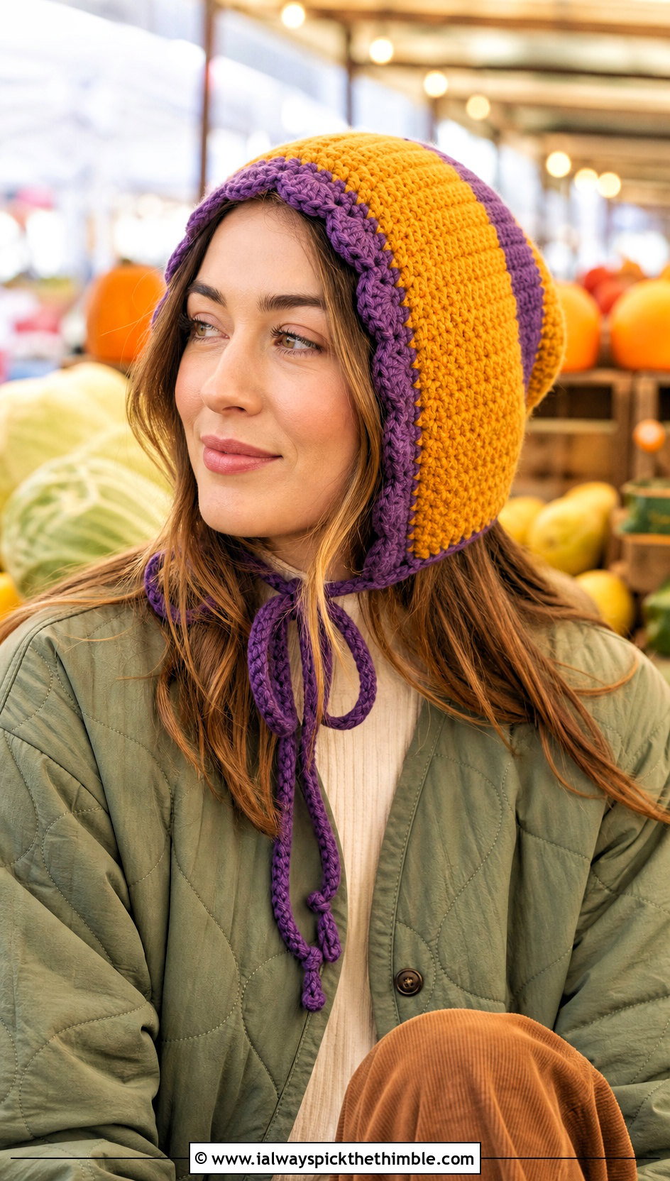 Two Color Crochet Bonnet Hat With Quilted Jacket - 20 Two Colors Crochet Hat outfit ideas