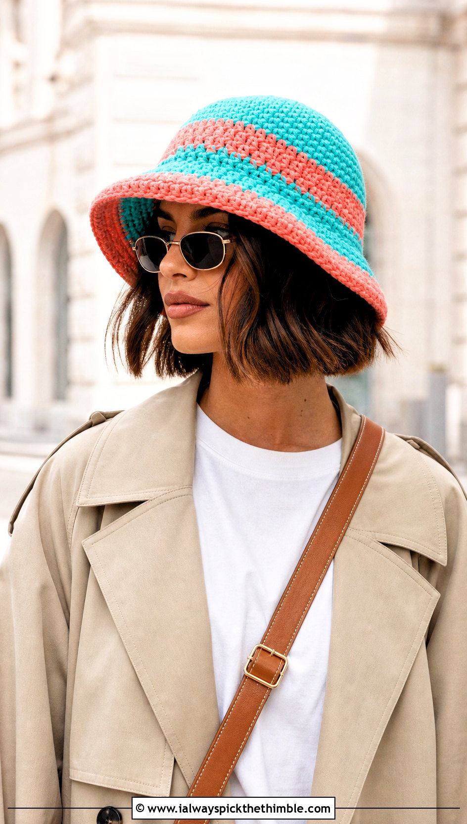 Two Color Crochet Bucket Hat With Trench Coat - 20 Two Colors Crochet Hat outfit ideas
