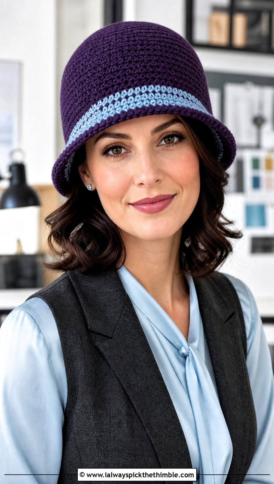 Two Color Crochet Cloche Hat With Wide Leg Trousers - 20 Two Colors Crochet Hat outfit ideas