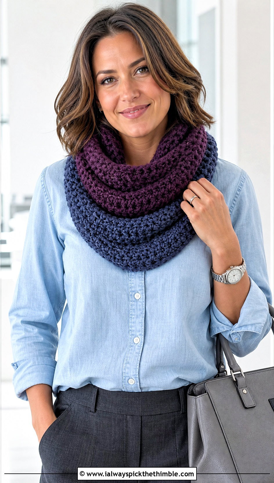 Two Color Crochet Cowl Scarf With Denim Shirt - 25 two color crochet scarf outfit ideas