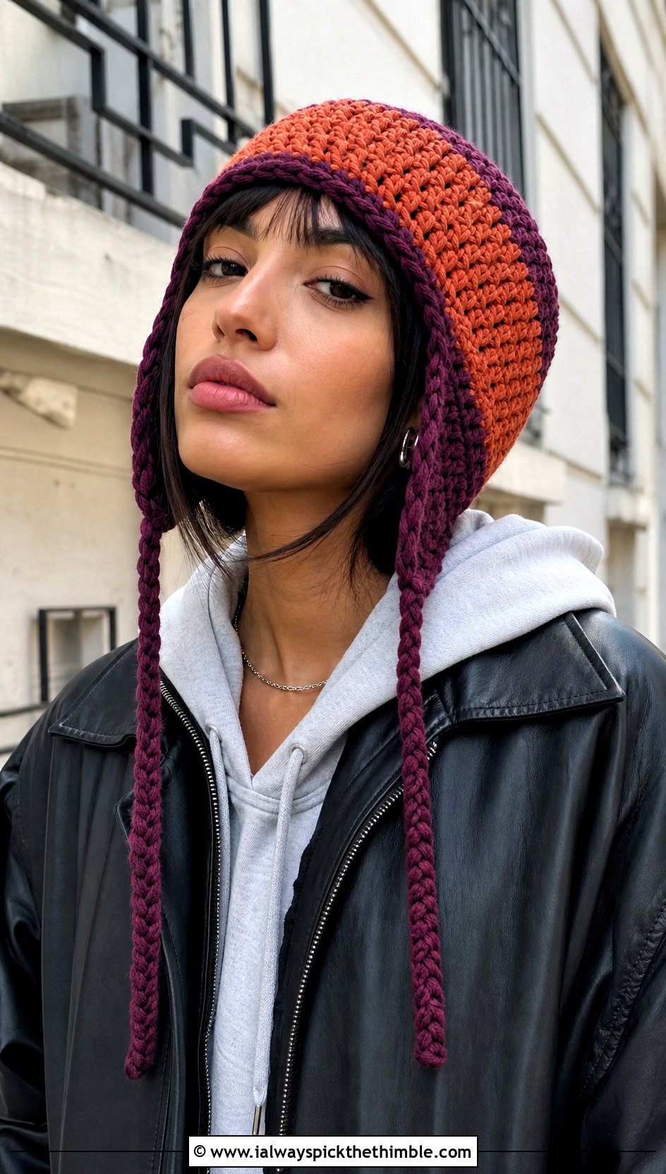 Two Color Crochet Earflap Hat With Leather Jacket - 20 two color crochet hat outfit ideas