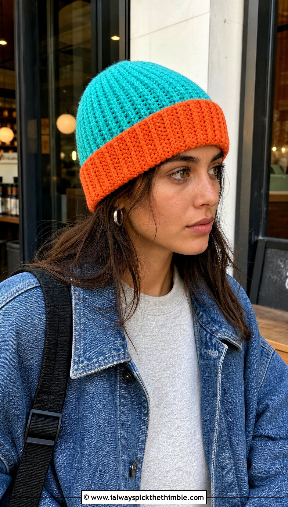 Two Color Crochet Ribbed Beanie With Denim Jacket - 25 crochet ribbed beanie outfit ideas