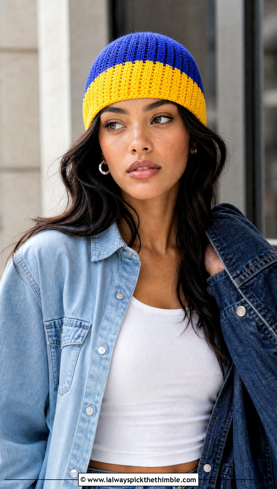 Two Color Crochet Skull Cap With Double Denim - 20 Two Colors Crochet Hat outfit ideas