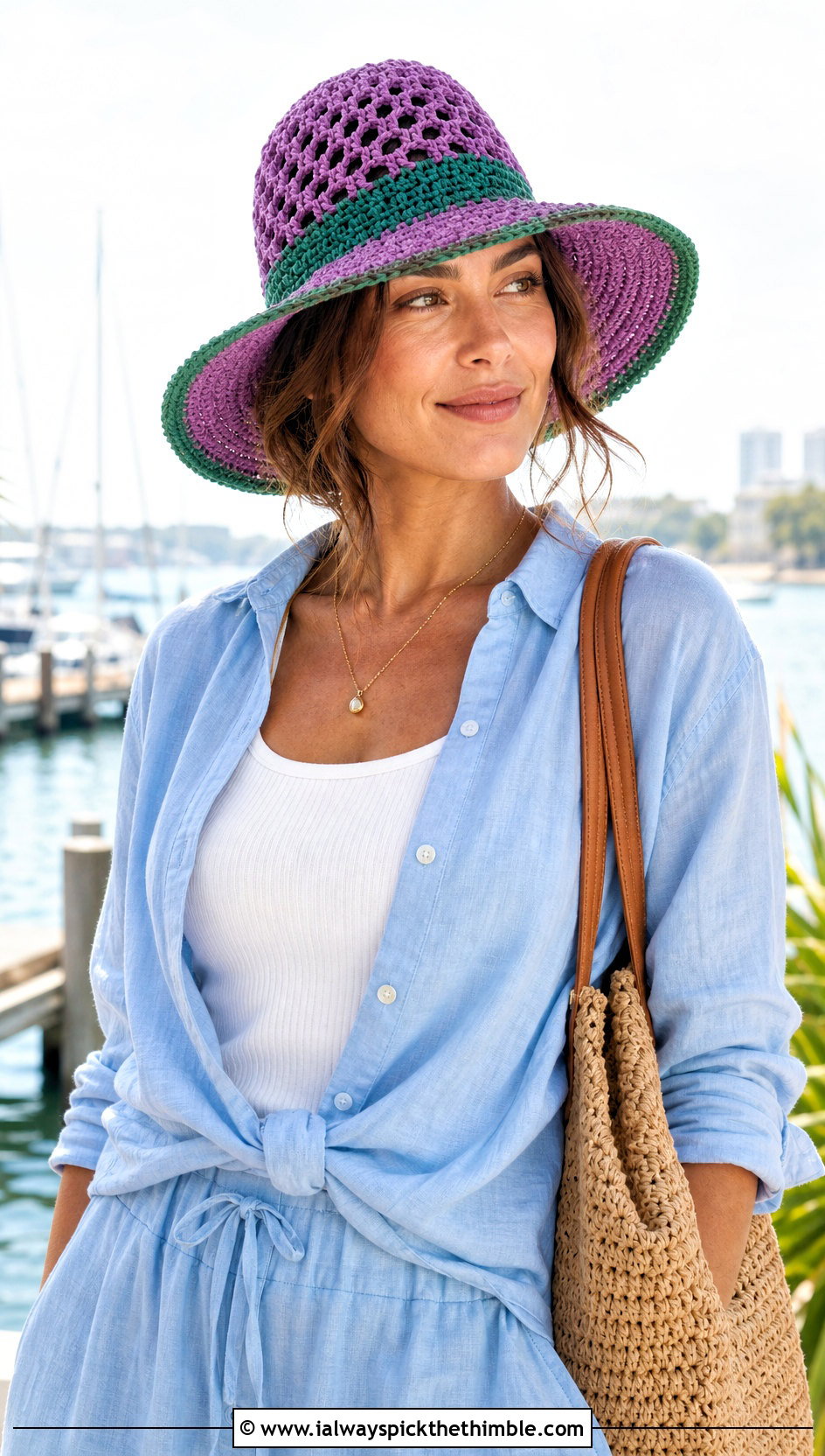 Two Color Crochet Sun Hat With Linen Set - 20 Two Colors Crochet Hat outfit ideas